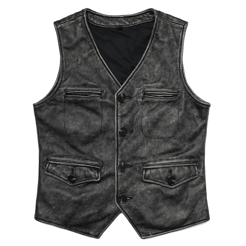 Leather Work Vest For Men - Yeni Gery Vintage Hakiki Deri Yelek